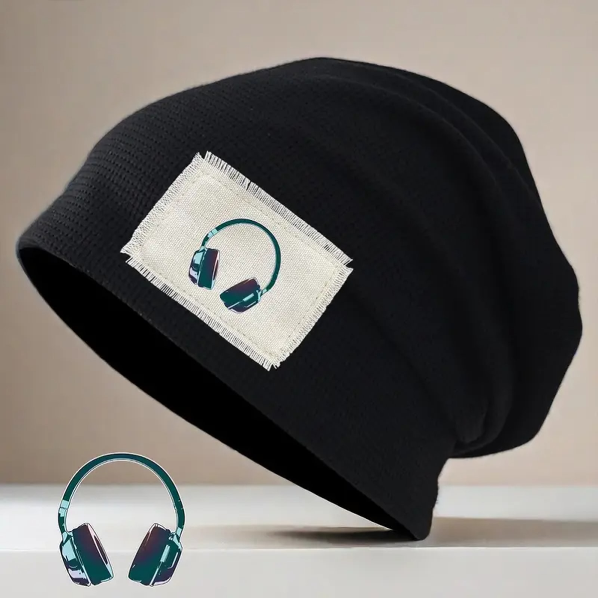 Preview: ROCK-HUS Beanie Waffelstrick Kopfhörer Schwarz