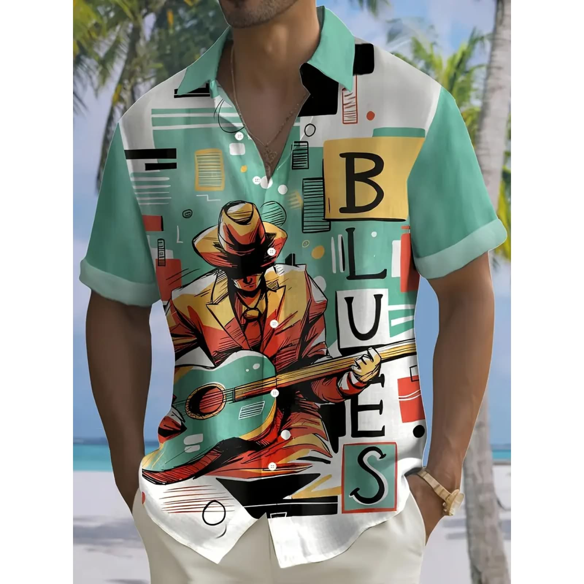 Preview: ROCK-HUS Hawai Hemd Blues Guitar Türkis M