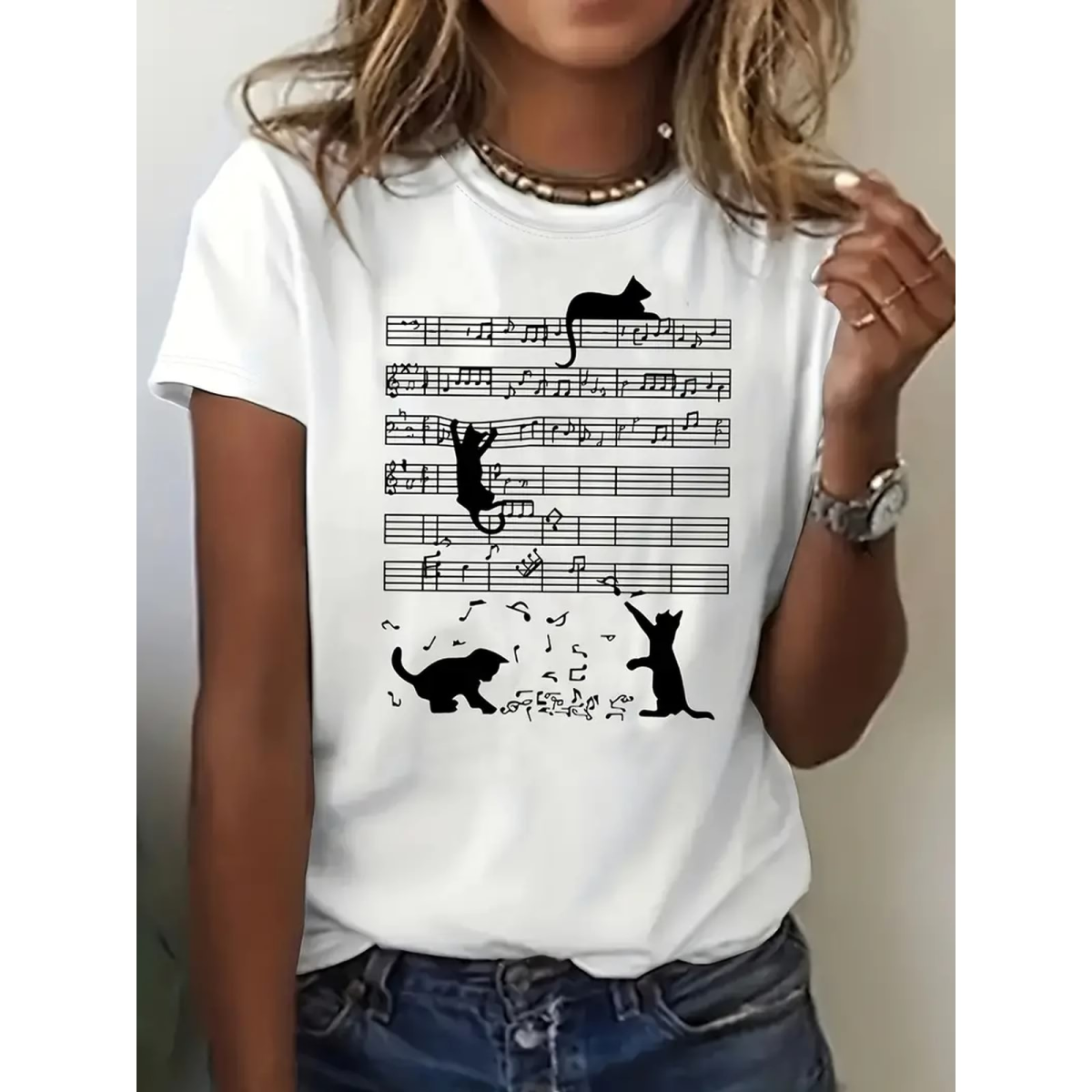 Preview: ROCK-HUS Damen T-Shirt Katzen hängen an Noten klein Aprikose M