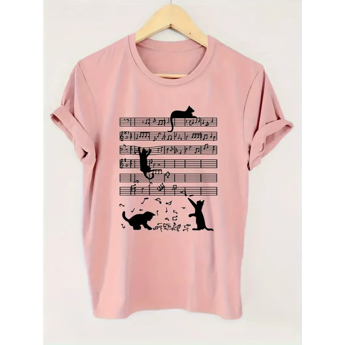 Preview: ROCK-HUS Damen T-Shirt Katzen hängen an Noten klein Pink S