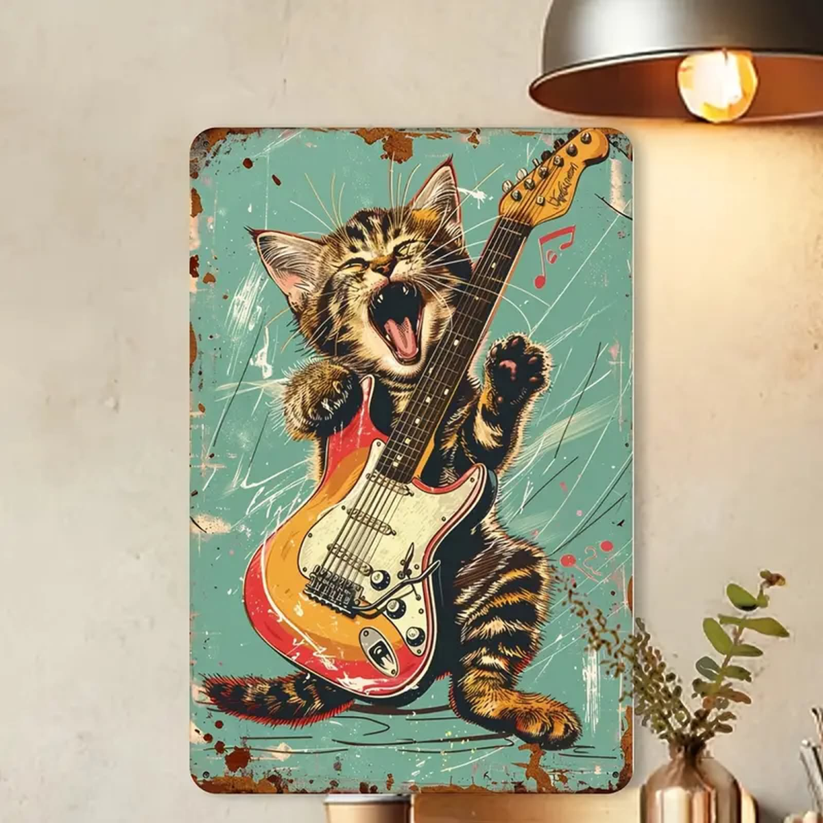 Preview: ROCK-HUS Metallschild 20x30cm Katze tanzt mit E-Gitarre