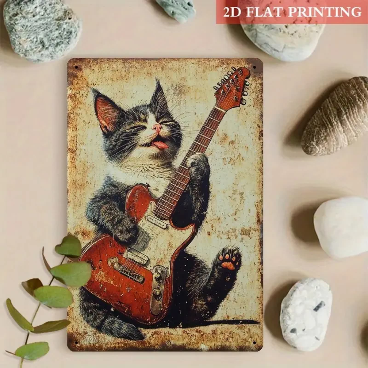 Preview: ROCK-HUS Metallschild 20x30cm Katze spielt Gitarre und streckt Zunge raus