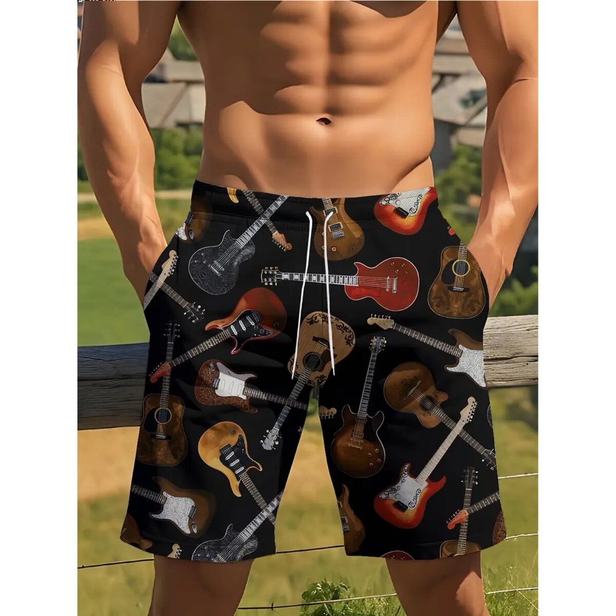 Preview: ROCK-HUS Herren Shorts - Badehose Schwarz mit Gitarren