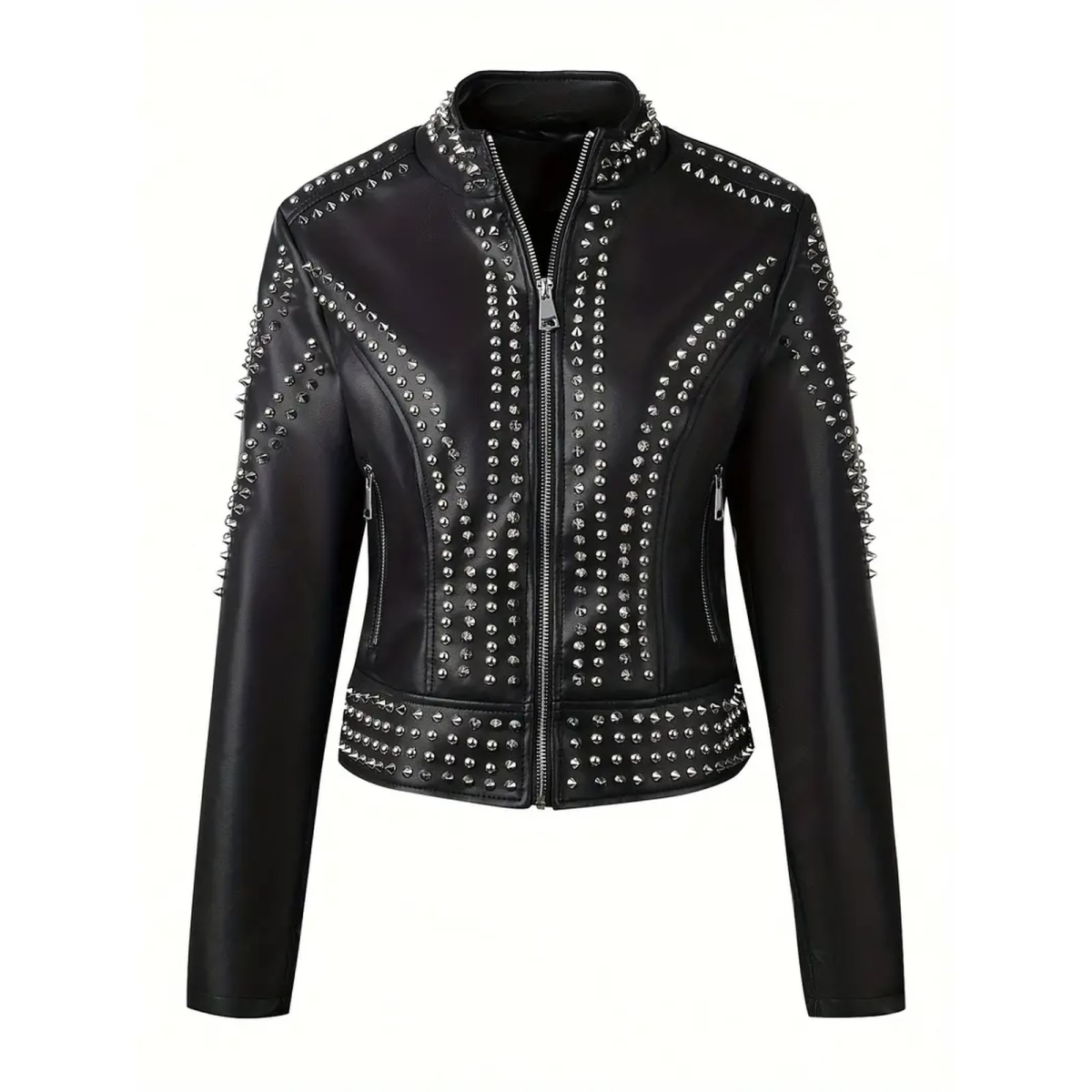 Preview: ROCK-HUS Jacke Faux Leather Elegant-Style Nieten Spitz & Rund M Schwarz