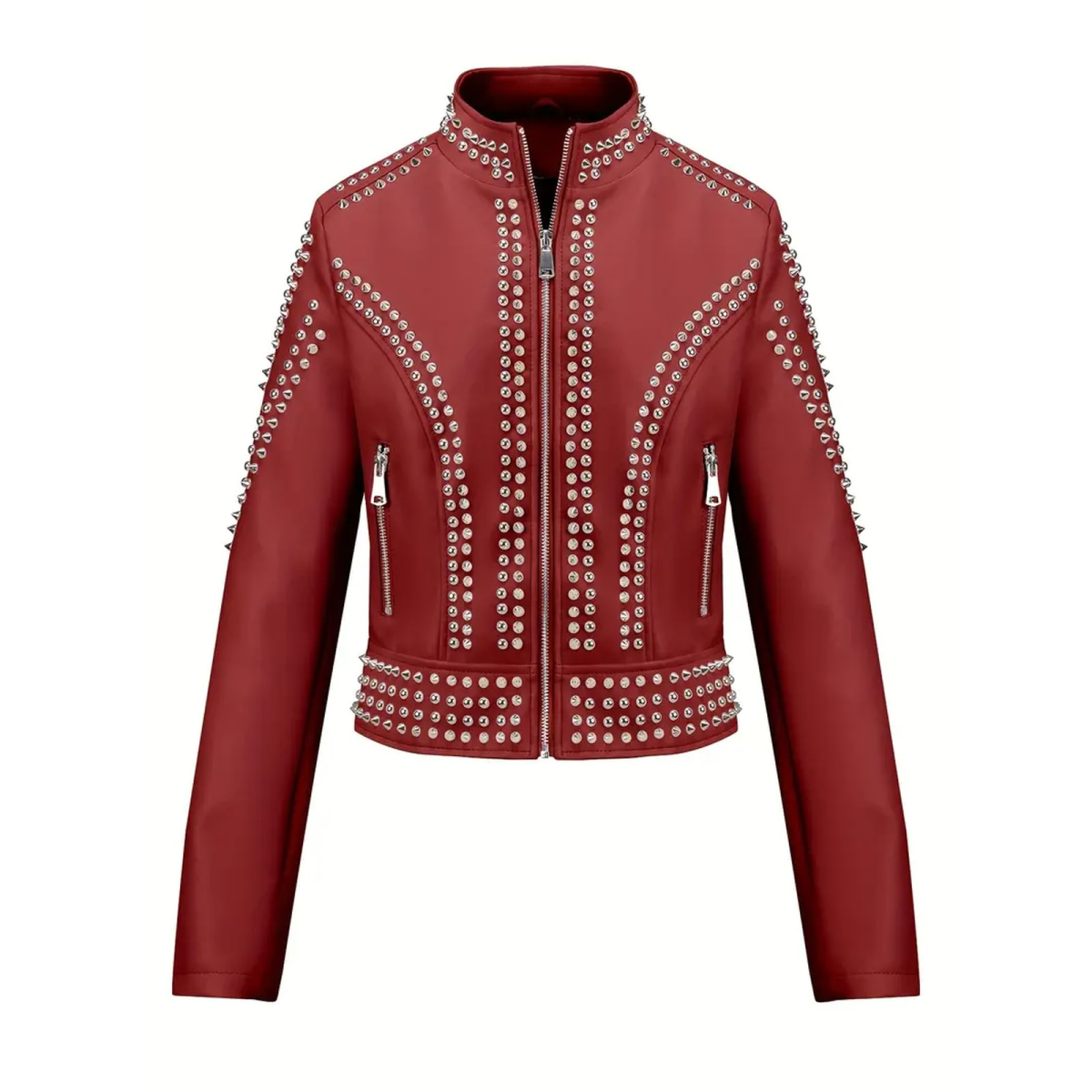 Preview: ROCK-HUS Jacke Faux Leather Elegant-Style Nieten Spitz & Rund M Rot