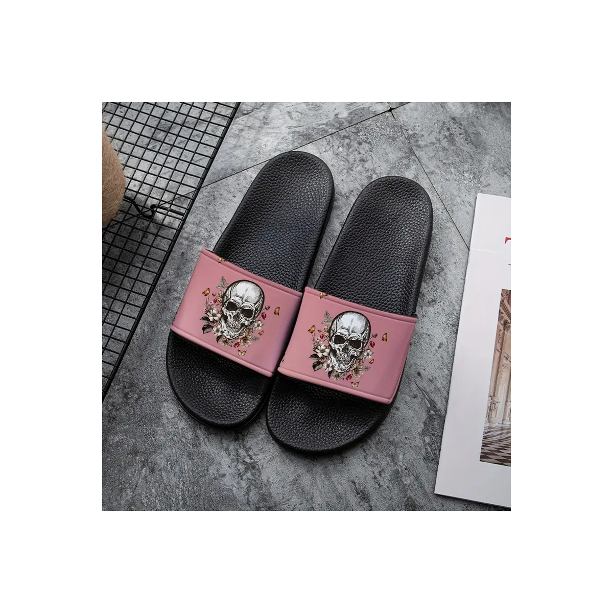 Preview: Badelatschen Skull´n Flowers Altrosa Rosa/Schwarz 41