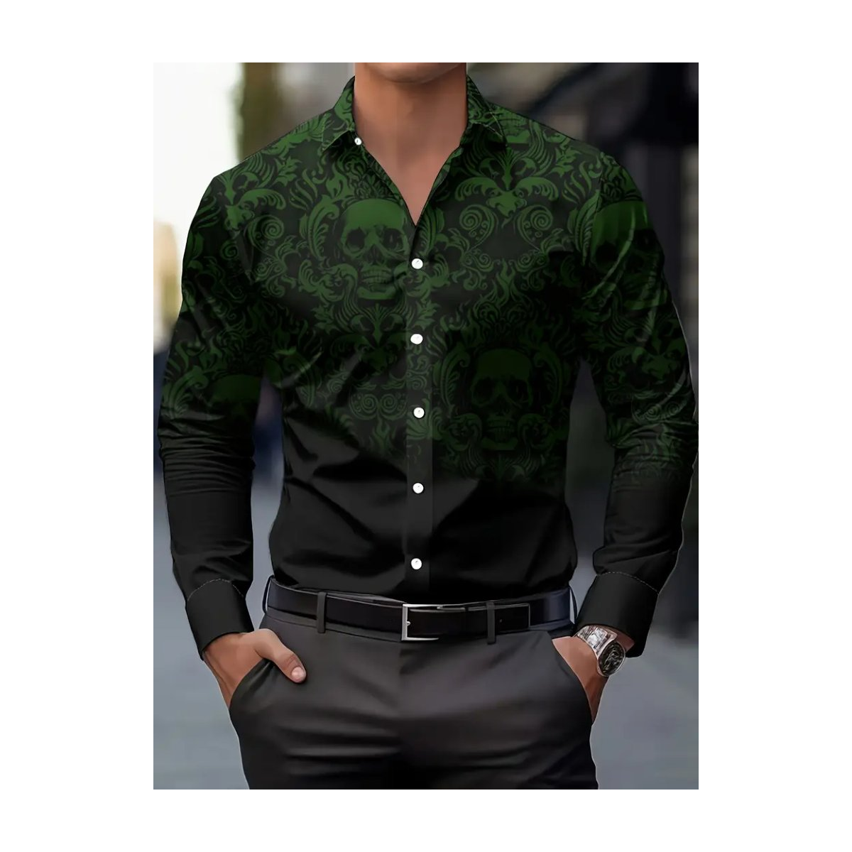 Preview: ROCK-HUS Hemd Fading Skulls XXL Grün