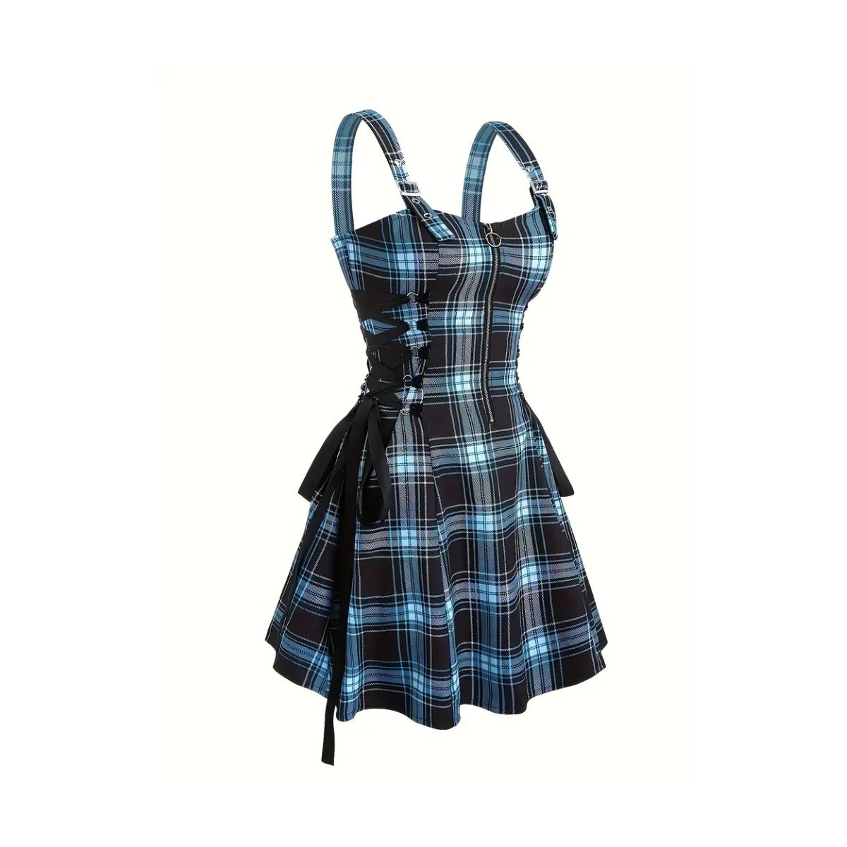 Preview: ROCK-HUS Kleid mit seitlicher Schnürung Blau-Schwarz kariert XL