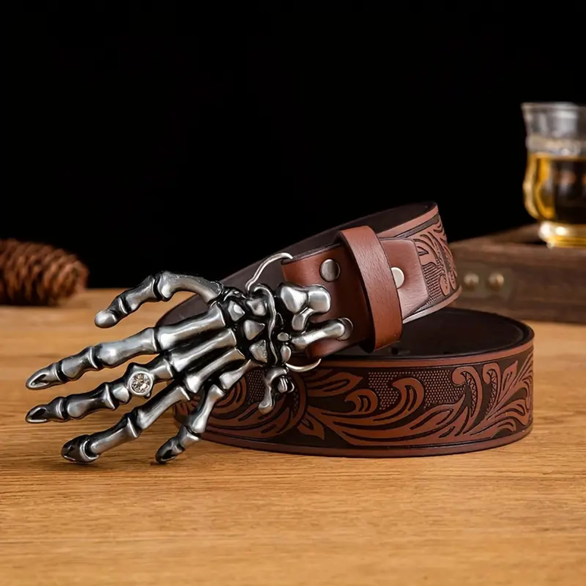 Preview: ROCK-HUS Gürtel mit Schnalle Geisterklaue Braun 120cm