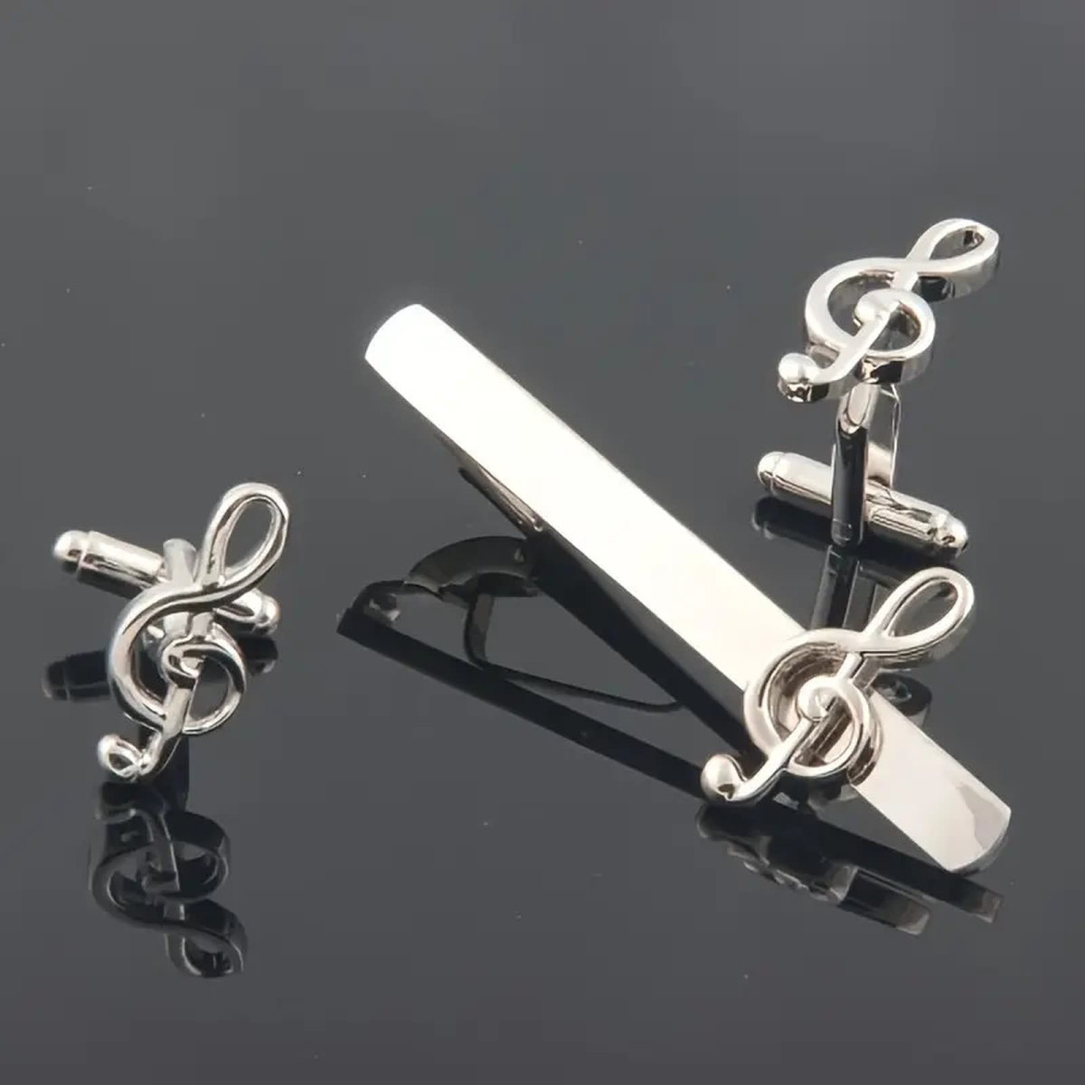 Preview: ROCK-HUS Set Krawattennadel & Manschettenknöpfe Notenschlüssel Gold