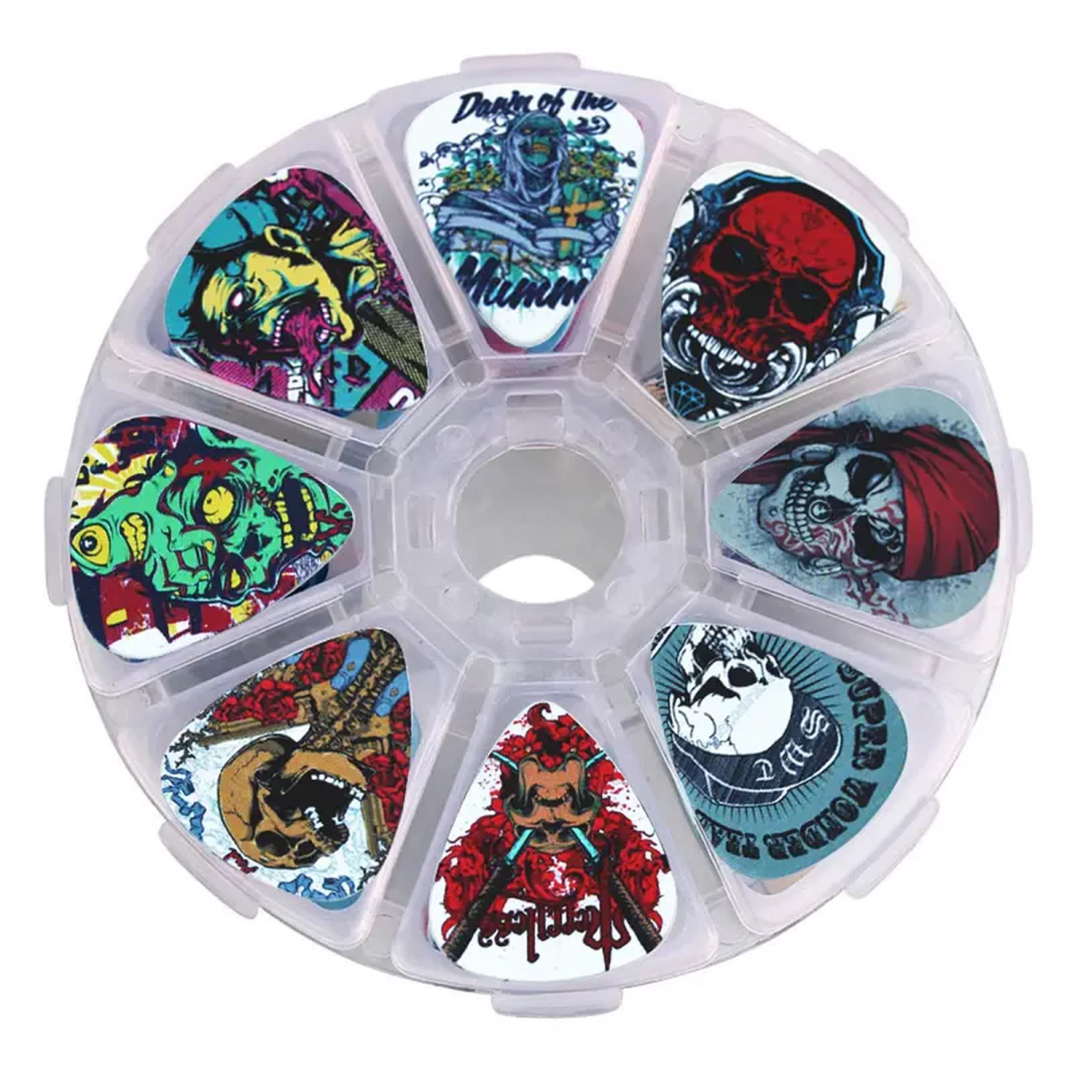 Preview: ROCK-HUS Plektren-Box 50 Stück 0,46/0,71/1,0 mm Totenköpfe