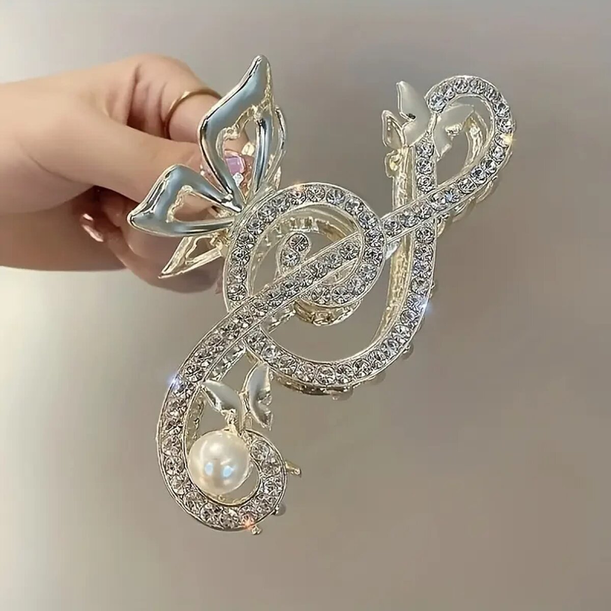 Preview: ROCK-HUS Haarspange Notenschlüssel Golden Strass mit Perle