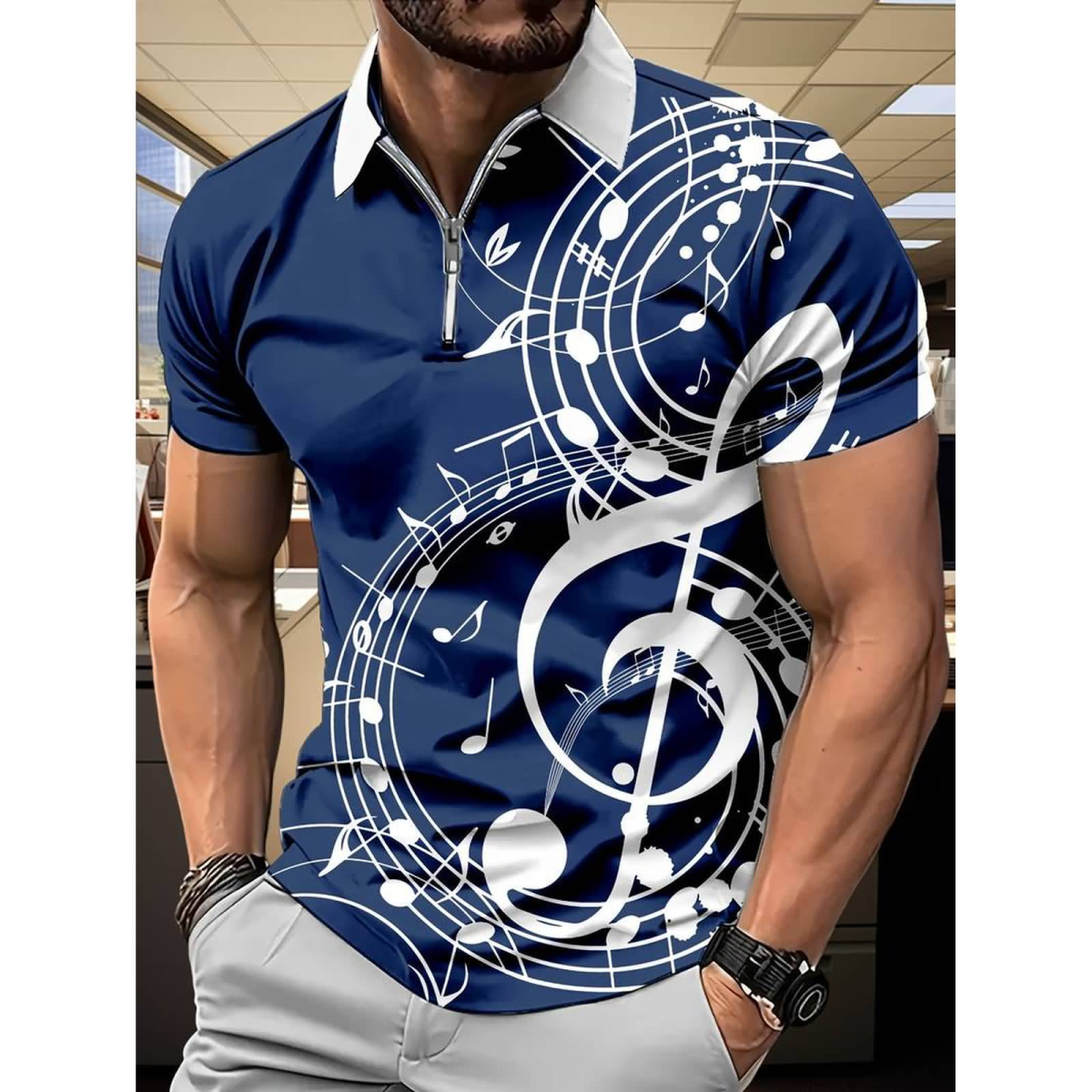 Preview: ROCK-HUS Herren Poloshirt mit Zipper Noten Blau Weiss