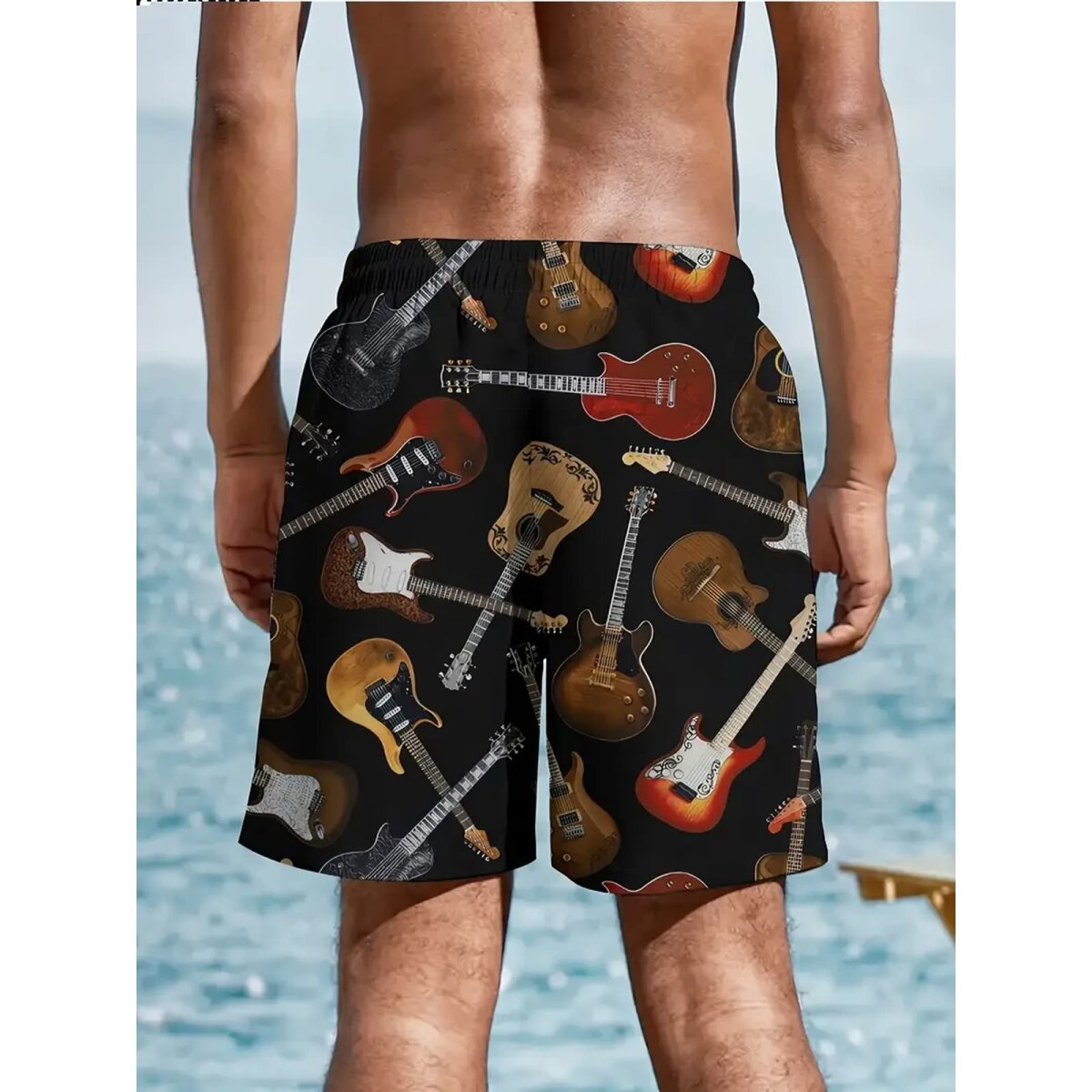 Preview: ROCK-HUS Herren Shorts - Badehose Schwarz mit Gitarren