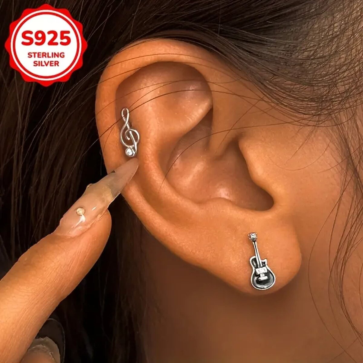 Preview: ROCK-HUS Ohrstecker Bassgitarre und Notenschlüssel 925er Sterling Silber