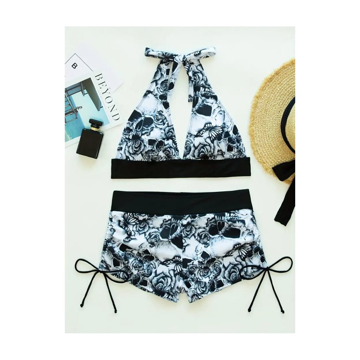 Preview: ROCK-HUS Bikini Weiss/Schwarz Skull - Butterfly - Roses