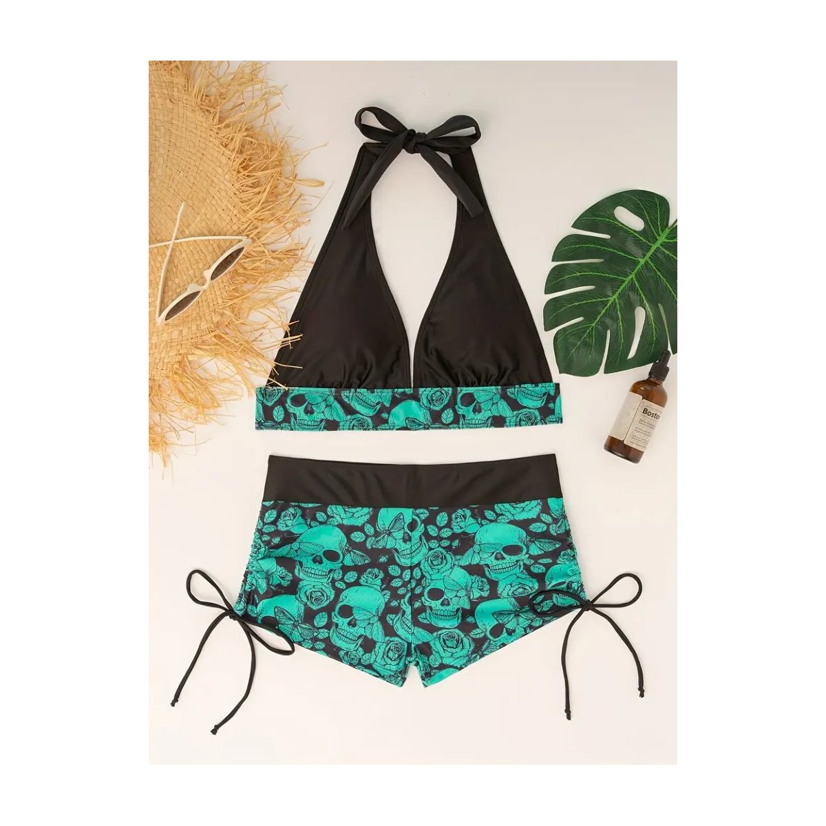 Preview: ROCK-HUS Bikini Panty Schwarz/Grün Skull - Butterfly - Roses