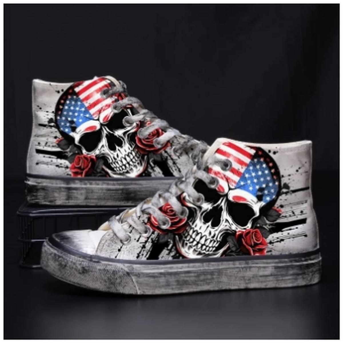 Preview: ROCK-HUS Herren Sneaker Totenkopf USA Weiss/Reliced 43,5