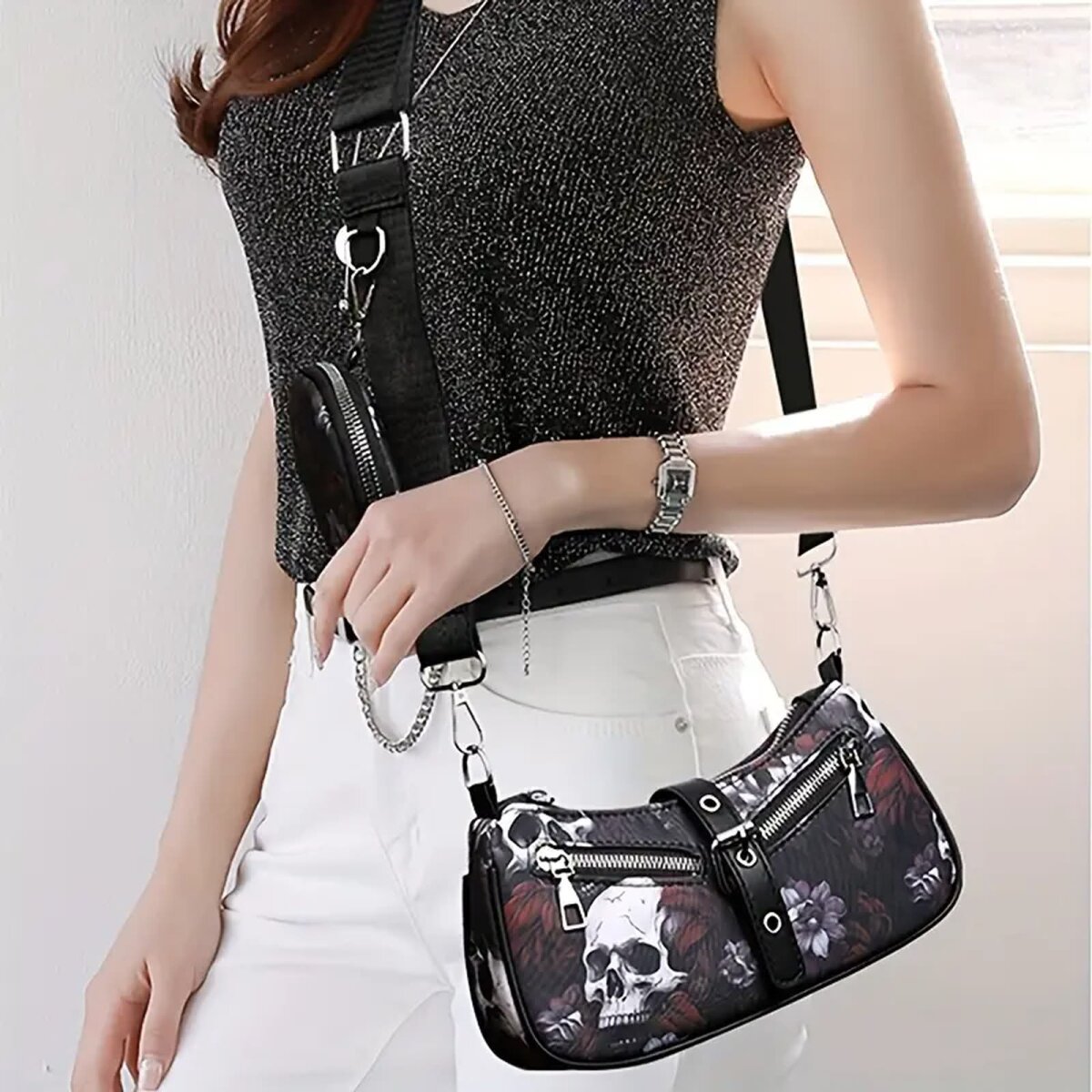 Preview: ROCK-HUS Tasche mit Portmonnaie Skulls´n Roses