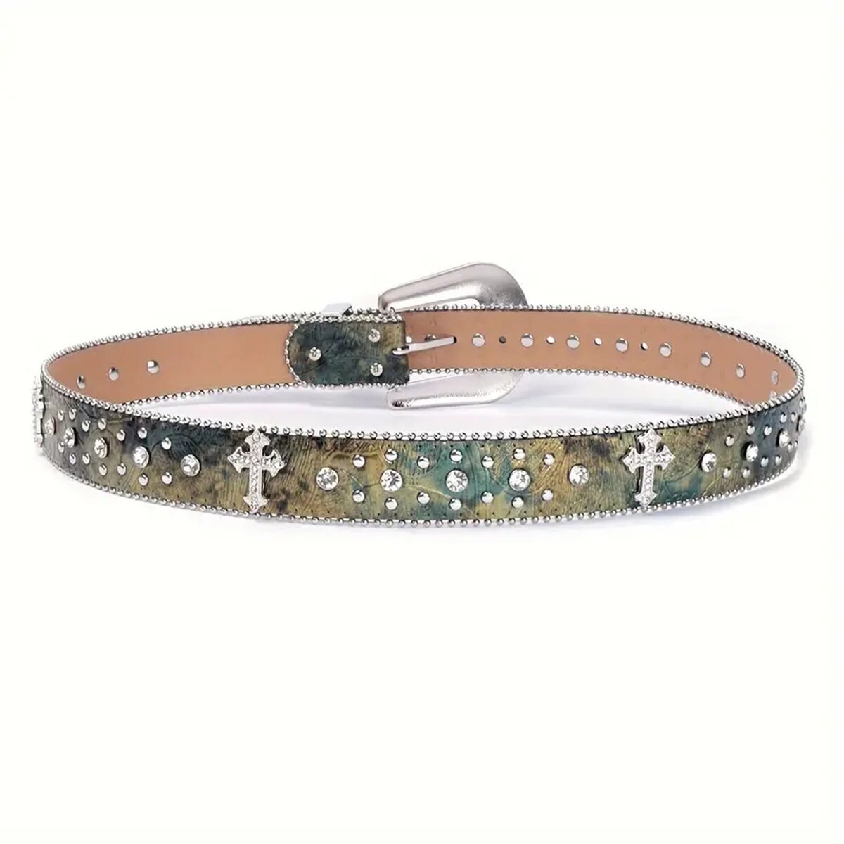 Preview: ROCK-HUS Gürtel Strass Kreuze Grün