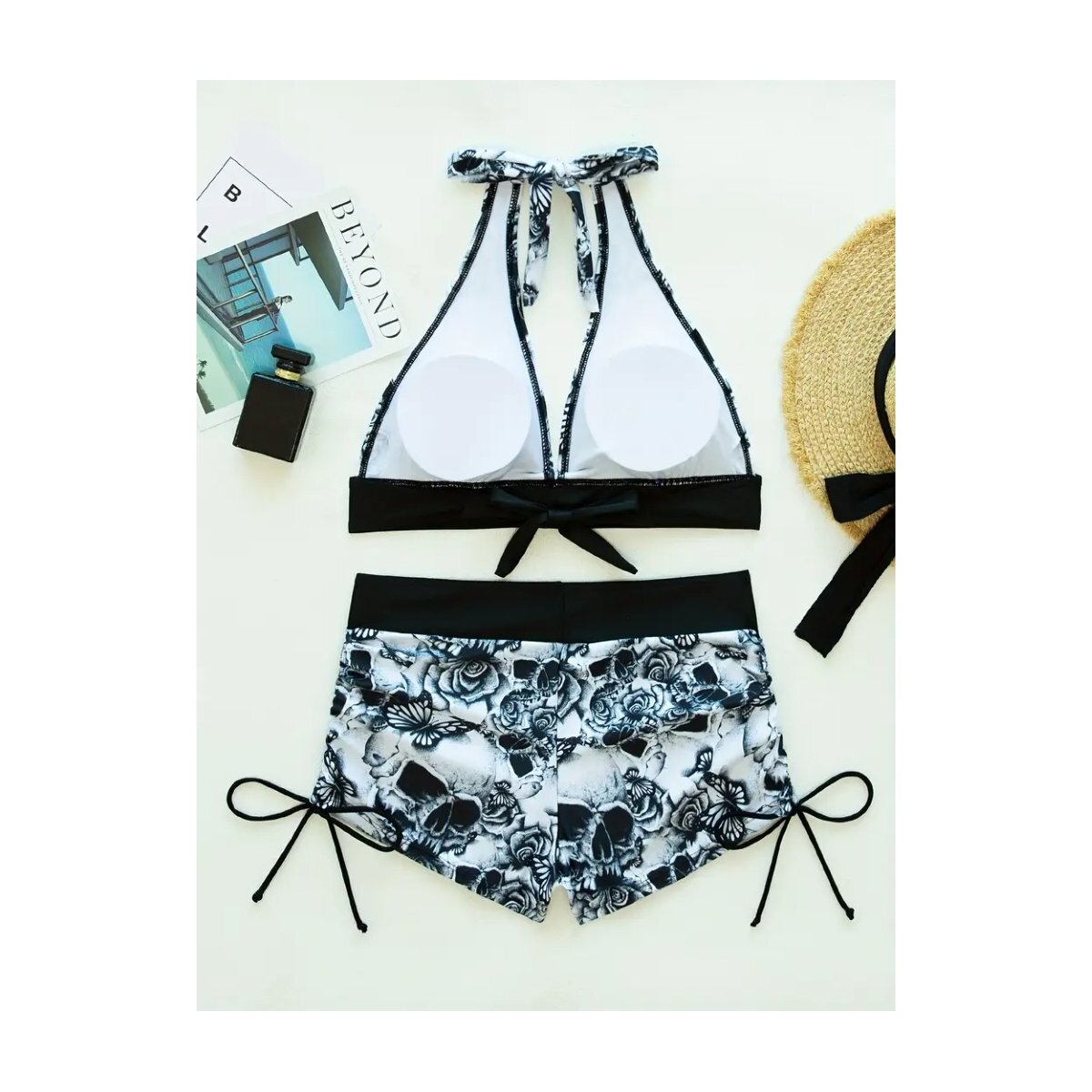 Preview: ROCK-HUS Bikini Weiss/Schwarz Skull - Butterfly - Roses