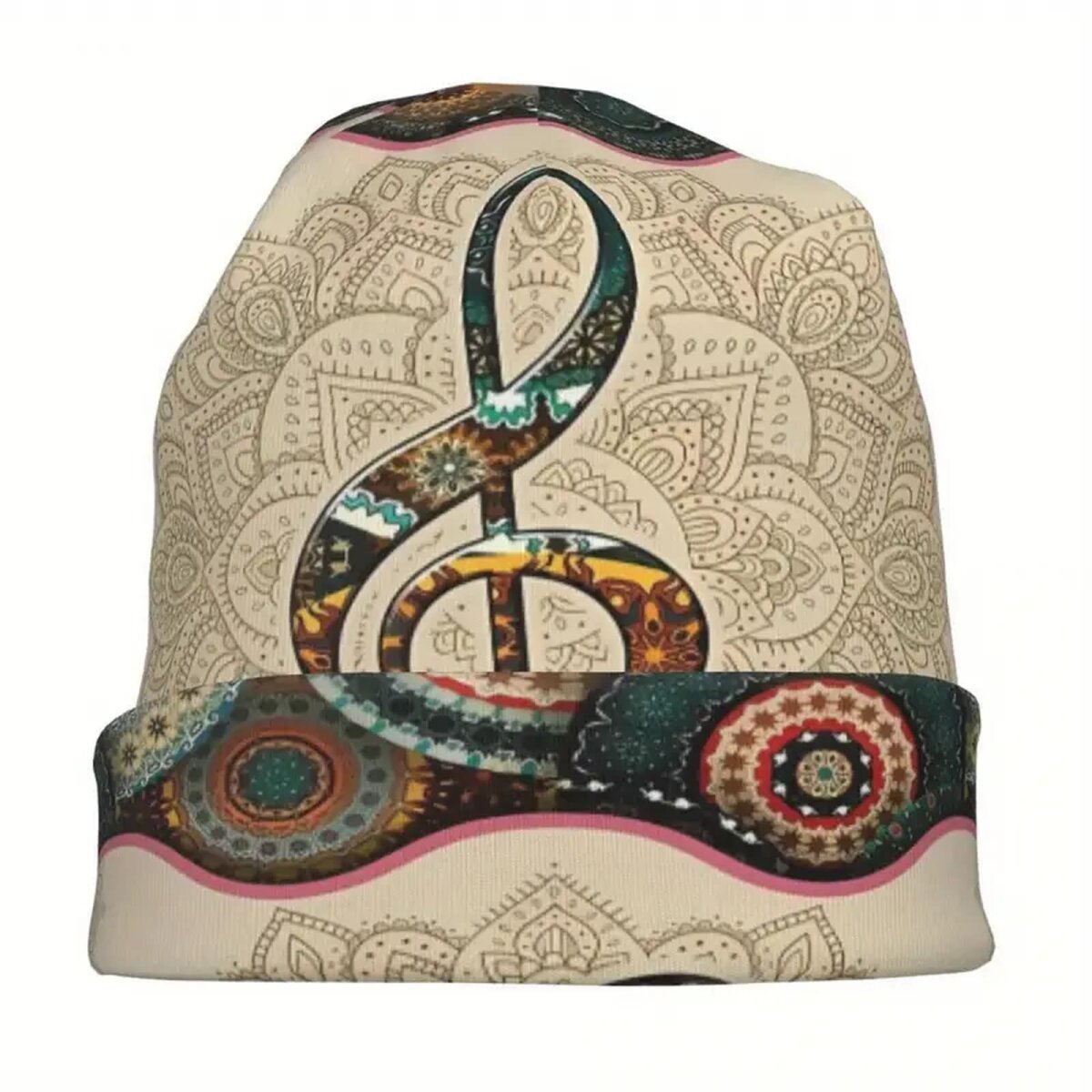 Preview: ROCK-HUS Beanie Notenschlüssel Mandala Bunt