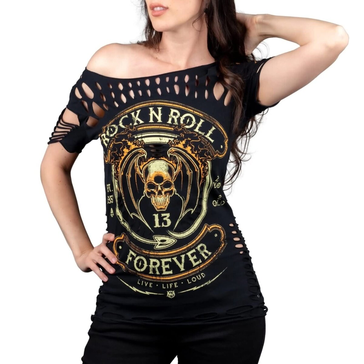 WORNSTAR Damen Sirens Collection Rock N Roll Forever Cut Tee T-Shirt schwarz