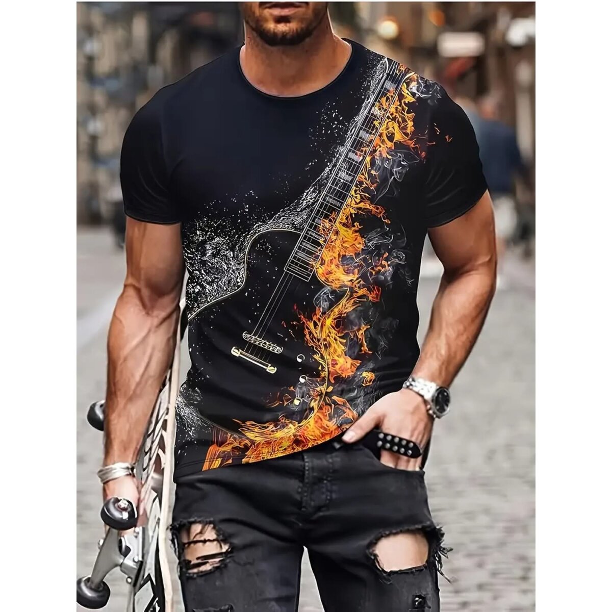 ROCK-HUS T-Shirt in Black Flames