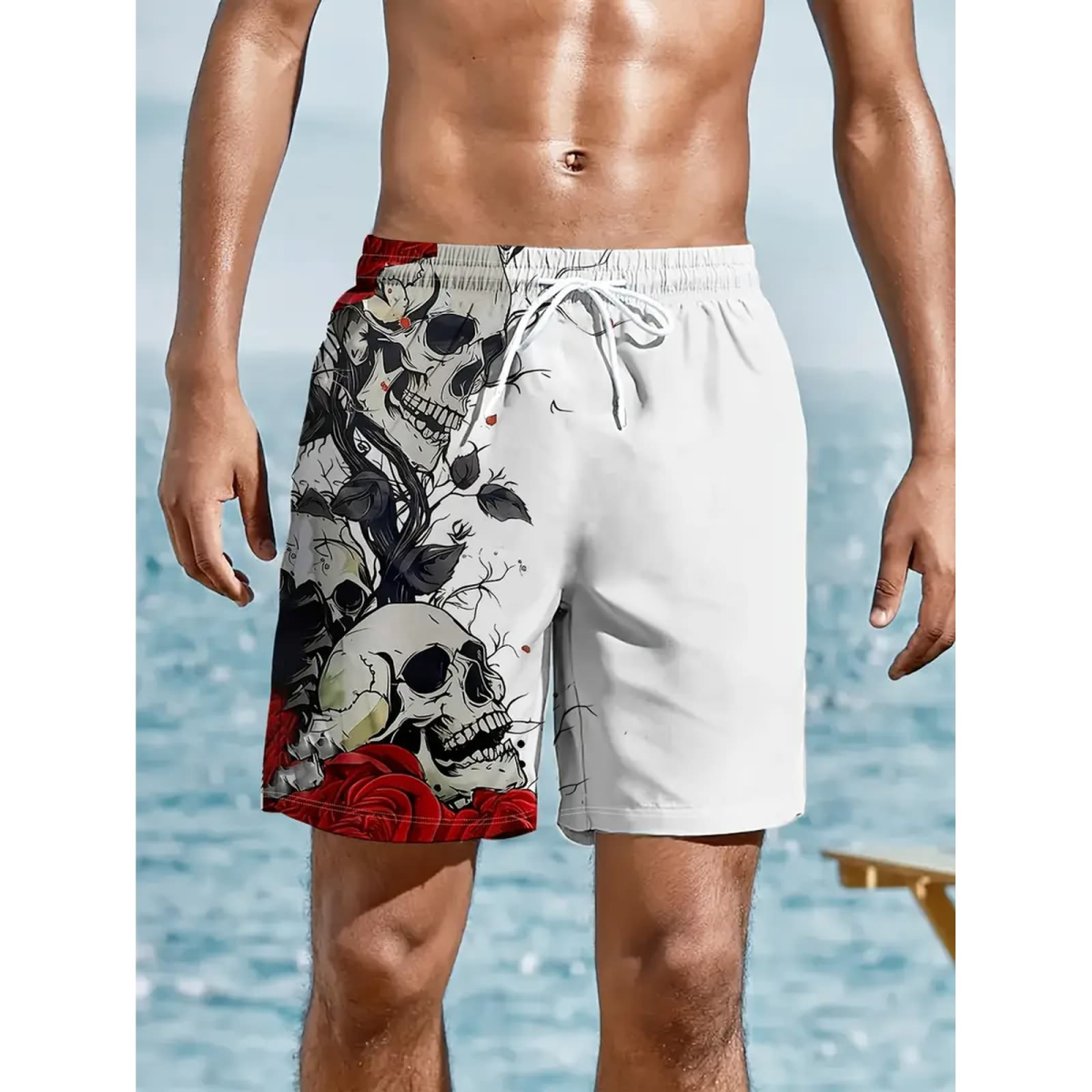 ROCK-HUS Herren Shorts - Badehose Weiß Skull´n Roses M