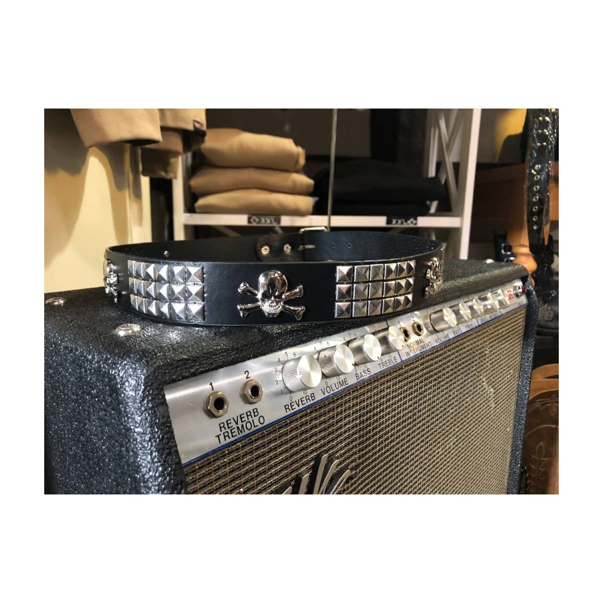 ROCK-HUS Gürtel Schwarz Skull´n Bones flach Nieten flach