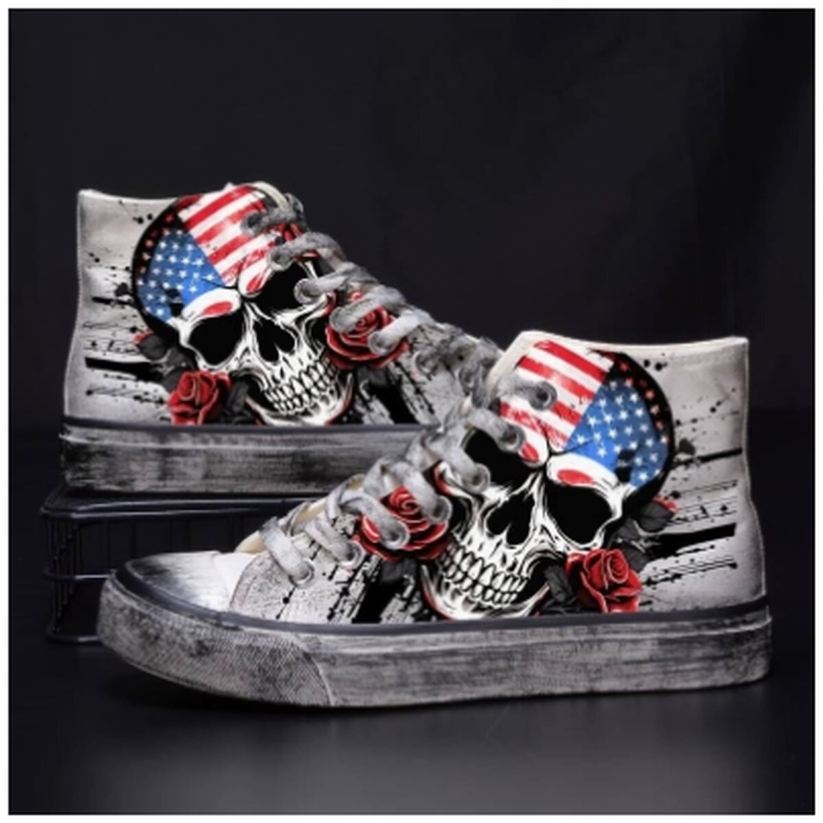 ROCK-HUS Herren Sneaker Totenkopf USA Weiss/Reliced 43,5