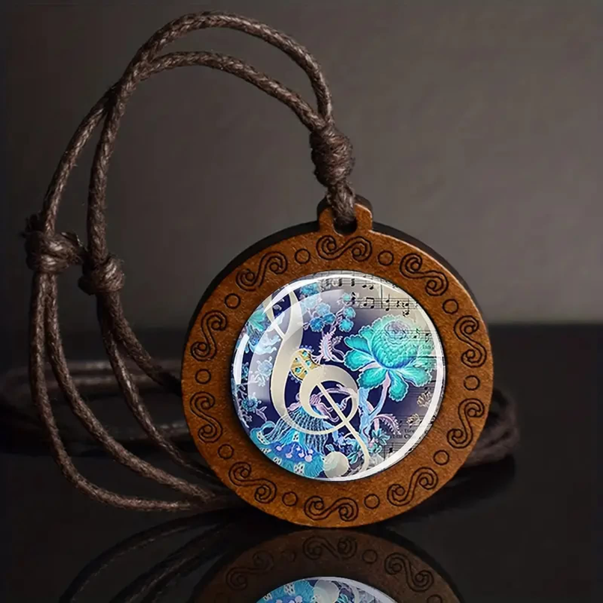 ROCK-HUS Kette Leder mit Anhänger Holz Notenschlüssel