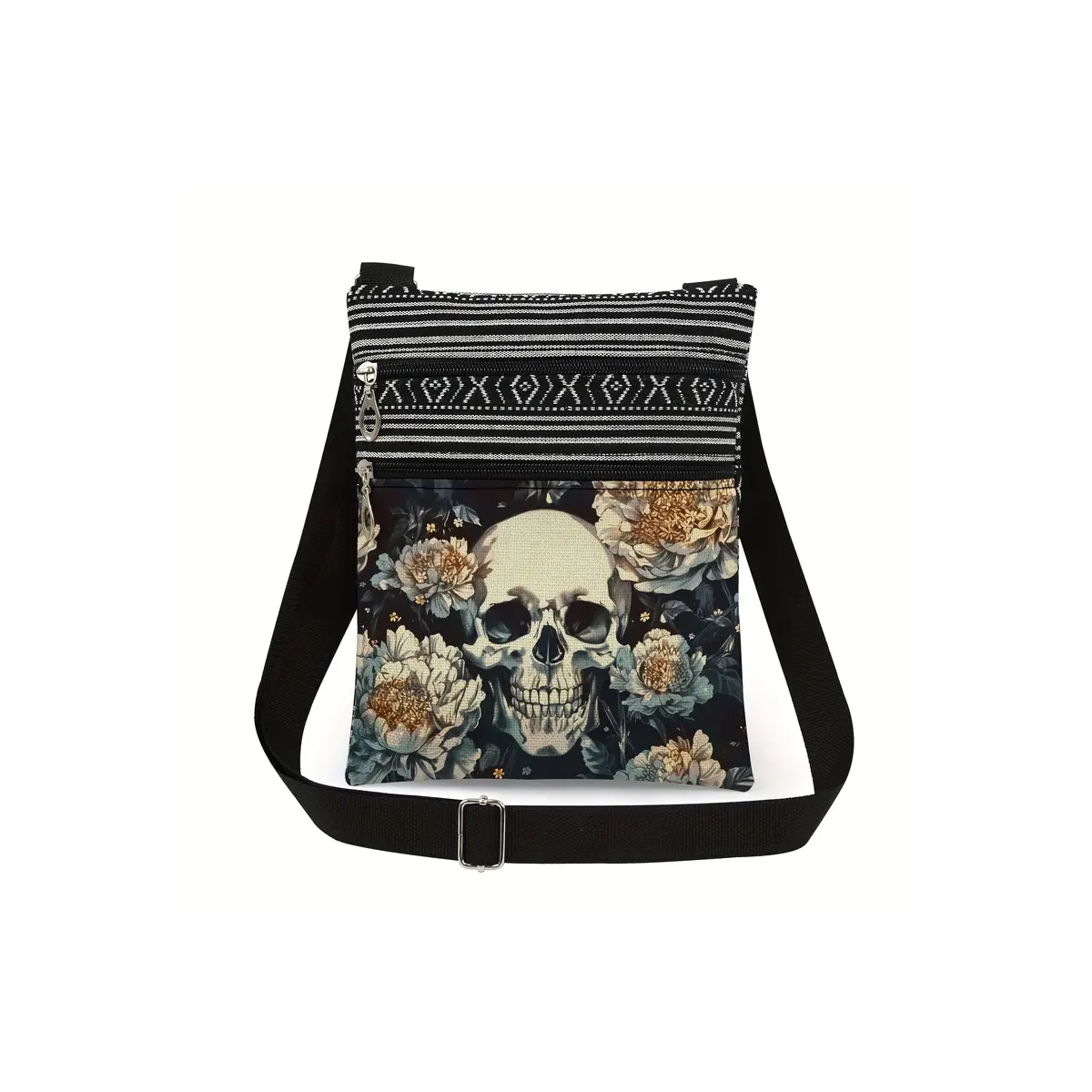 ROCK-HUS Schultertasche Leinenart versch. Motive Skull´n Roses Gold-Grün