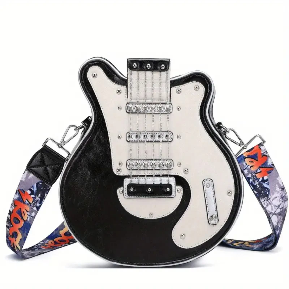 ROCK-HUS Handtasche Gitarrenform Kettensaiten Schwarz Weiss