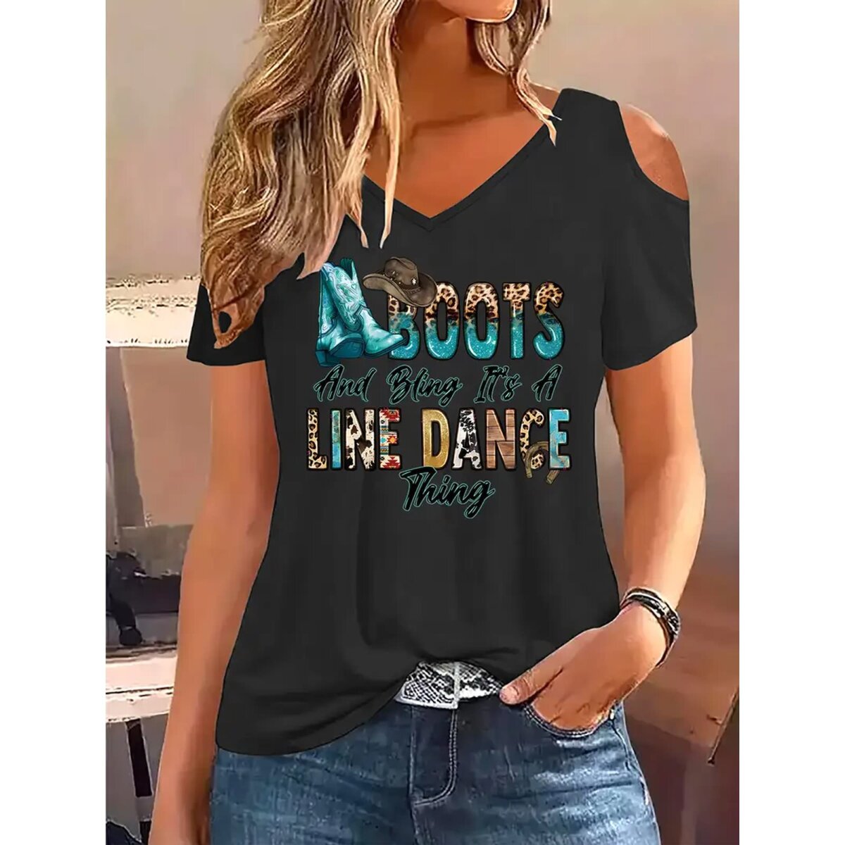 ROCK-HUS T-Shirt Shoulder Cut Out Line Dance