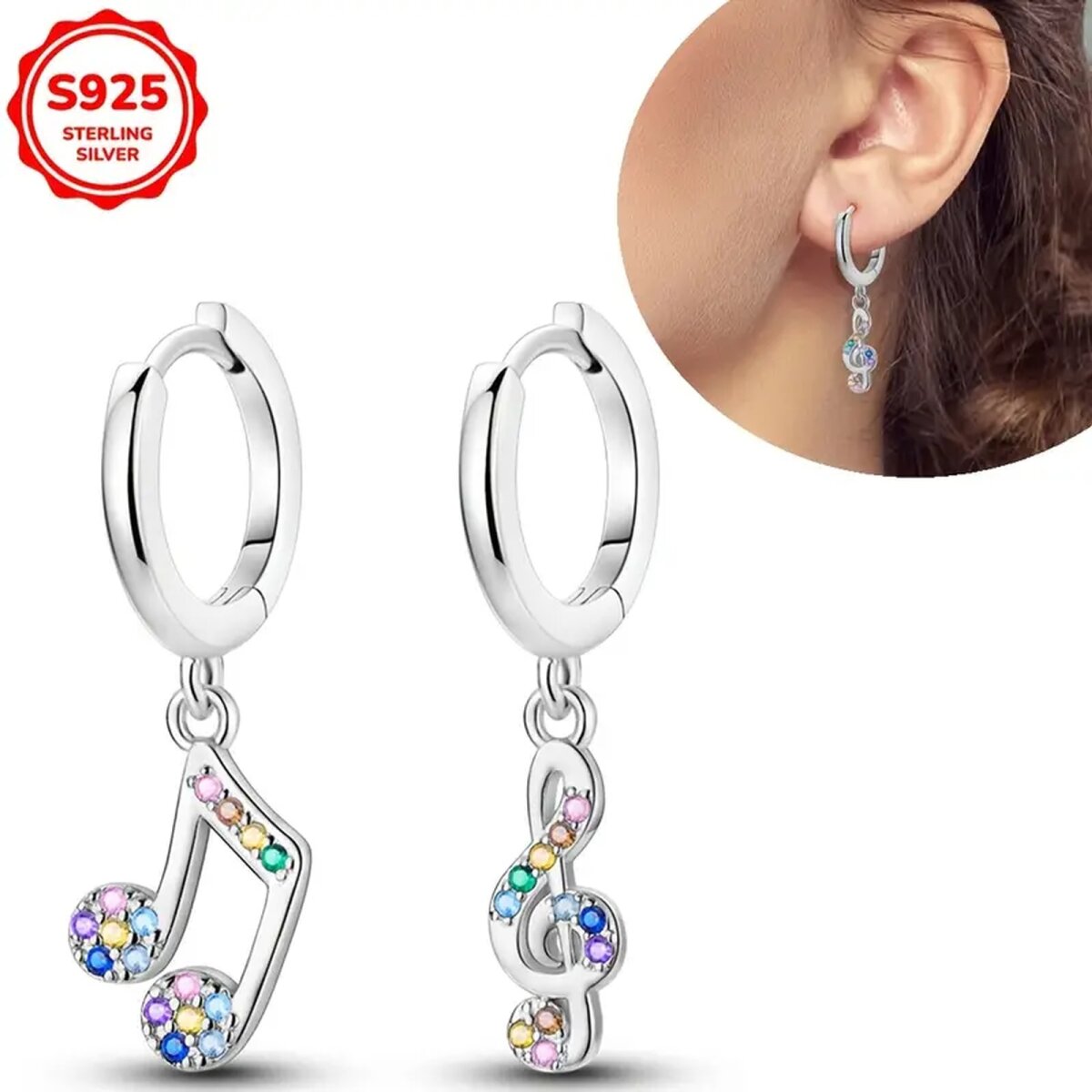 ROCK-HUS Ohrringe Note & Notenschlüssel 925er Sterlingsilber Strass Bunt