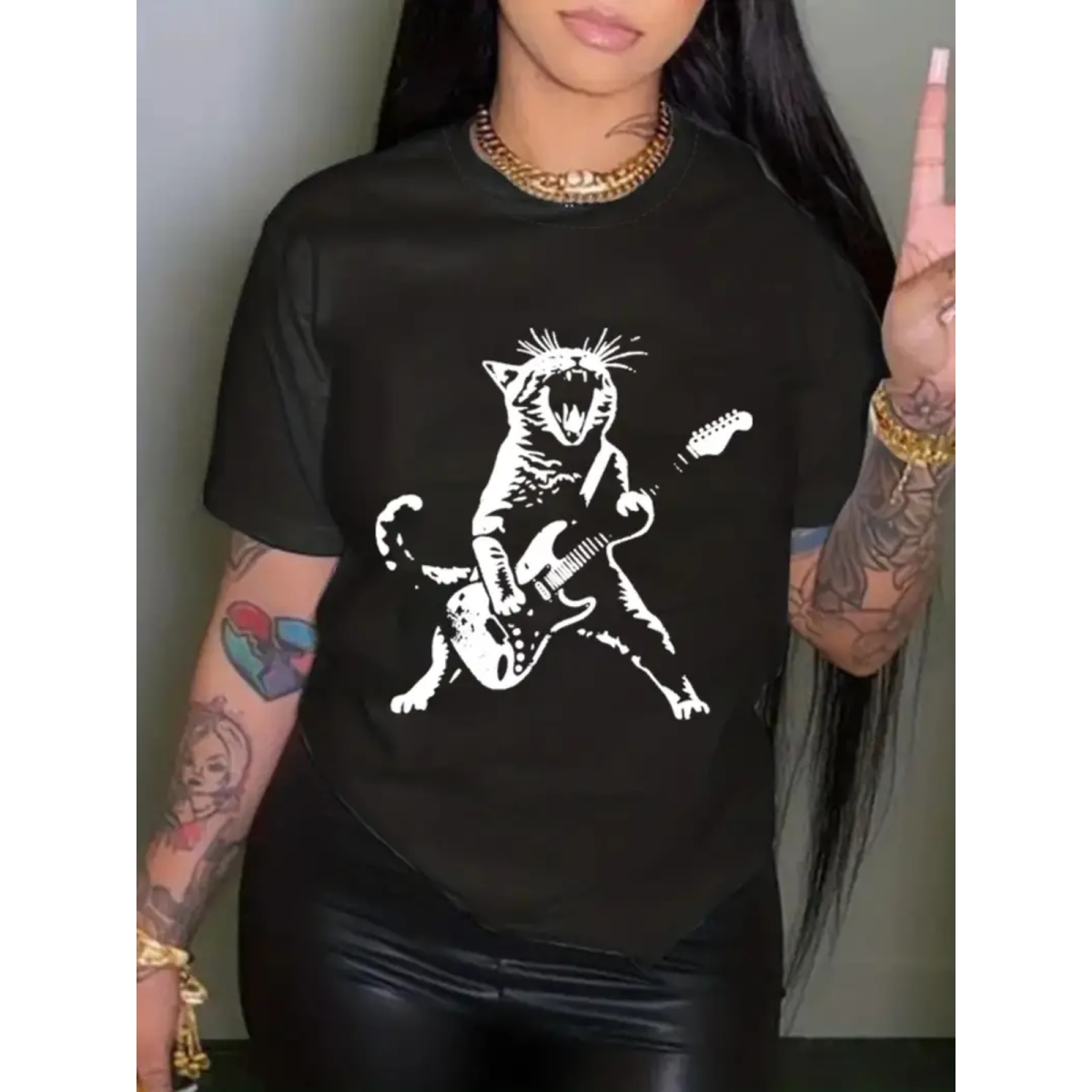 ROCK-HUS Damen T-Shirt Katze mit Gitarre M