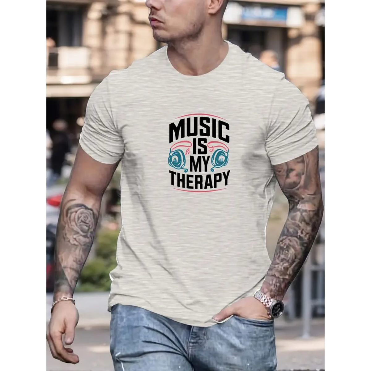 ROCK-HUS T-Shirt "Music is my Therapie" Baumwolle Grau mit buntem Aufdruck XXL
