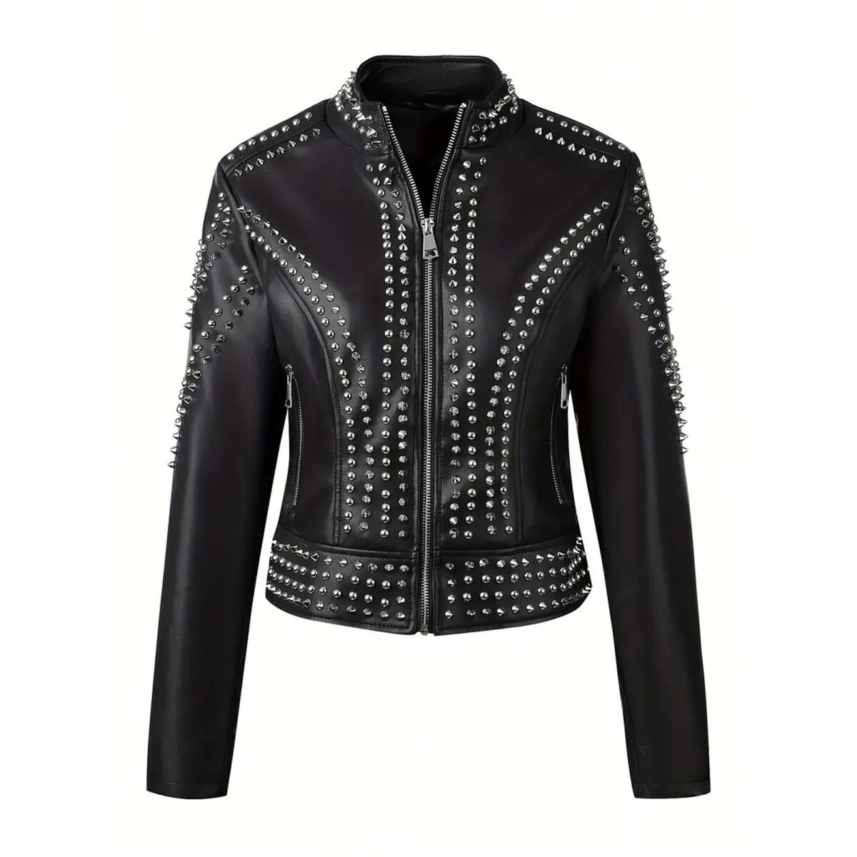 ROCK-HUS Jacke Faux Leather Elegant-Style Nieten Spitz & Rund L Schwarz