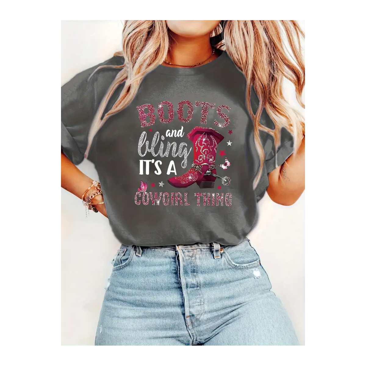 ROCK-HUS T-Shirt "Boots and bling, its a Cowgirl Thing" Grau XXL