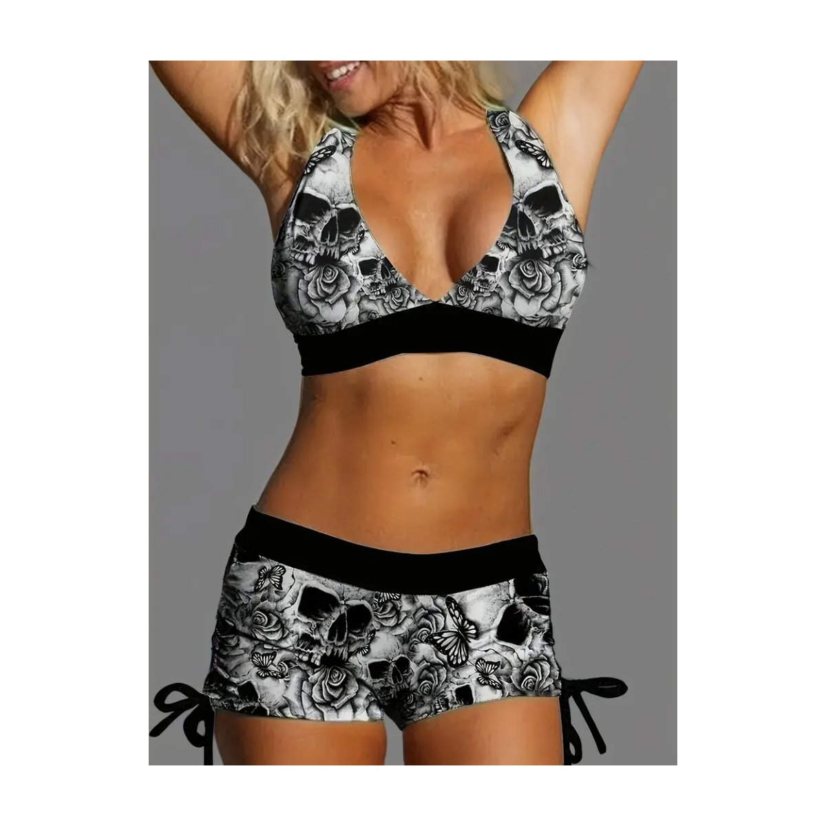 ROCK-HUS Bikini Weiss/Schwarz Skull - Butterfly - Roses