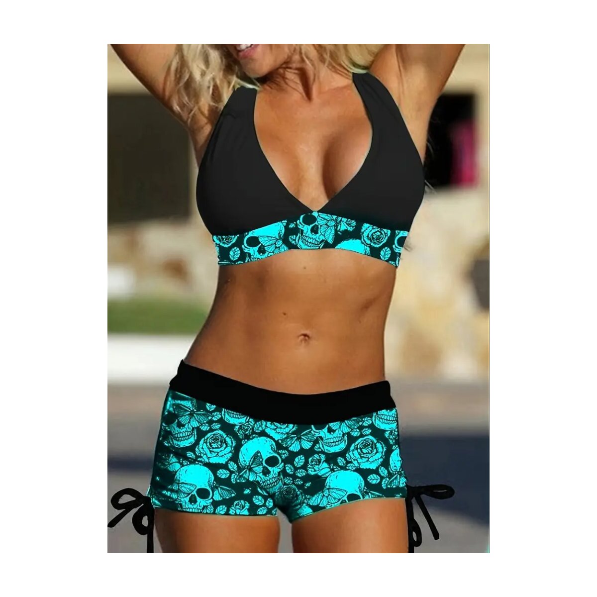ROCK-HUS Bikini Panty Schwarz/Grün Skull - Butterfly - Roses