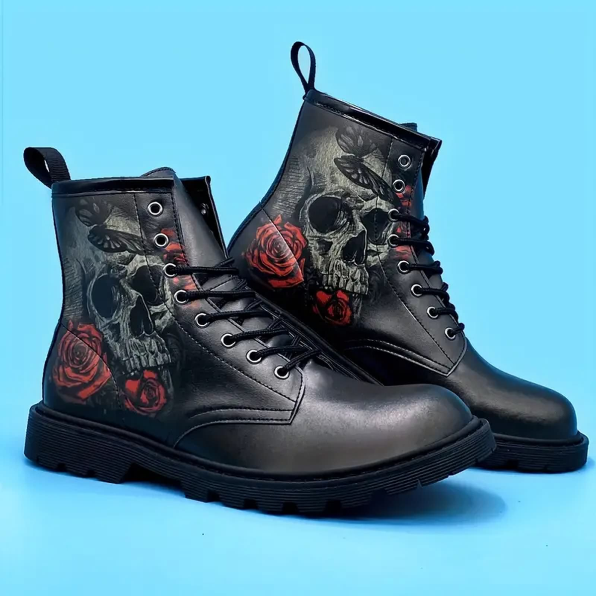 ROCK-HUS Herren Stiefel Schwarz Totenkopf Rosen Schmetterling 38,5