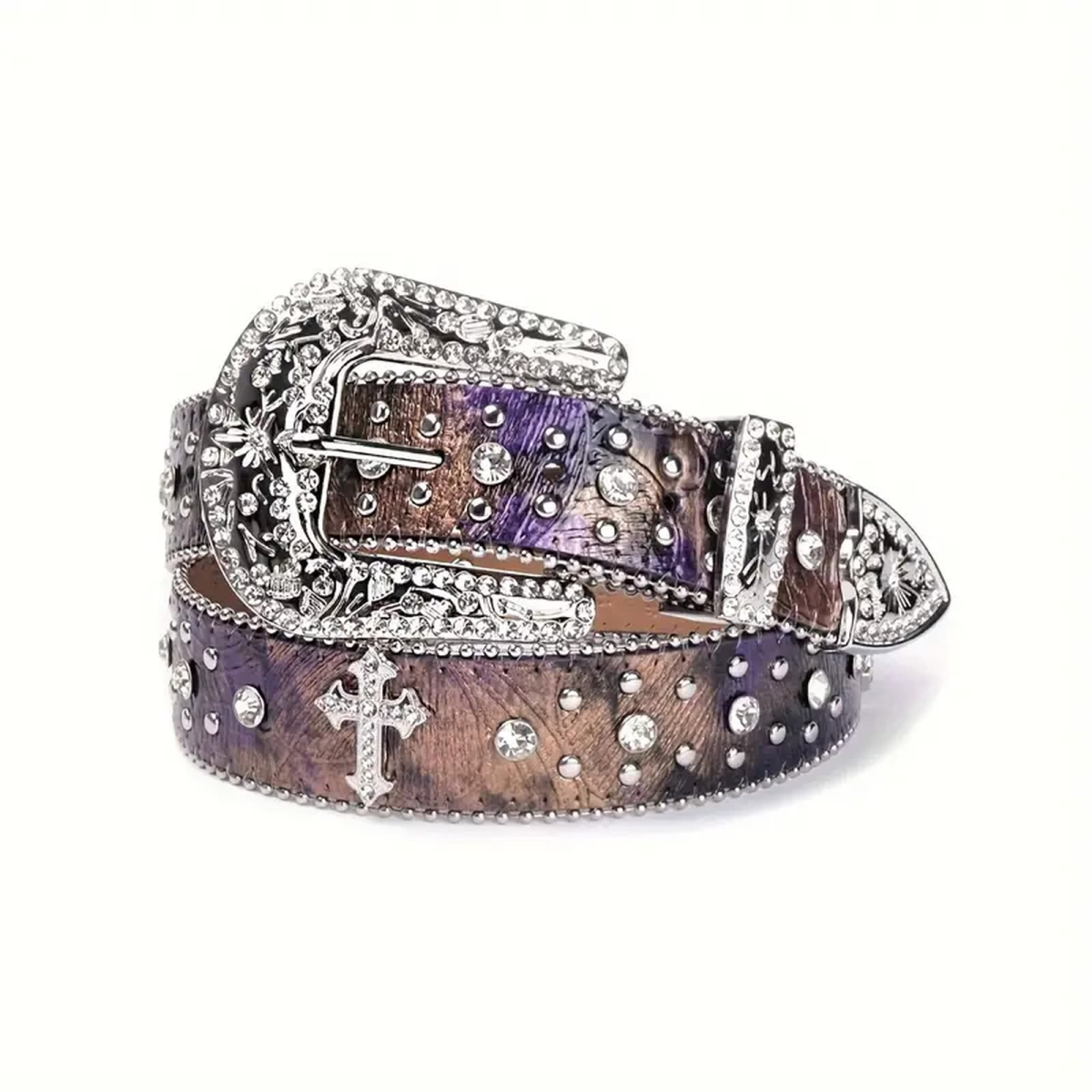 ROCK-HUS Gürtel mit Schnalle Strass Kreuze Lila-Kupfer M 102-105cm