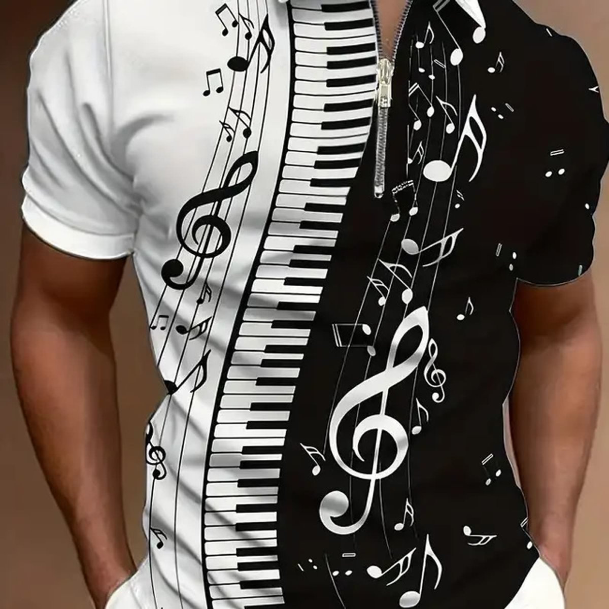 ROCK-HUS Herren Poloshirt mit Zipper Noten & Klaviatur