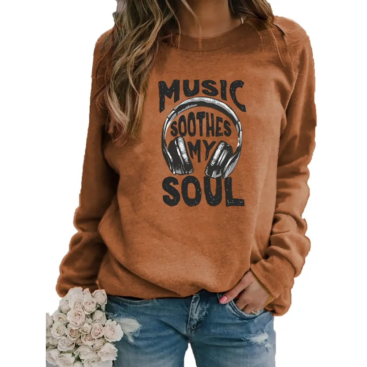 ROCK-HUS Damen Pullover Music Smoothes my Soul Braun
