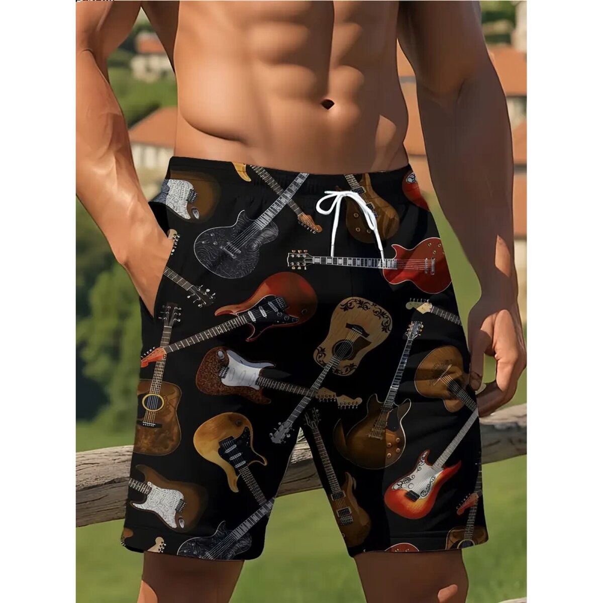 ROCK-HUS Herren Shorts - Badehose Schwarz mit Gitarren