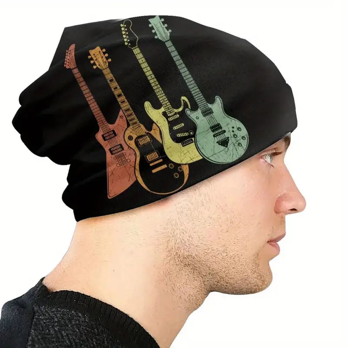 ROCK-HUS Beanie Schwarz Gitarren Bunt