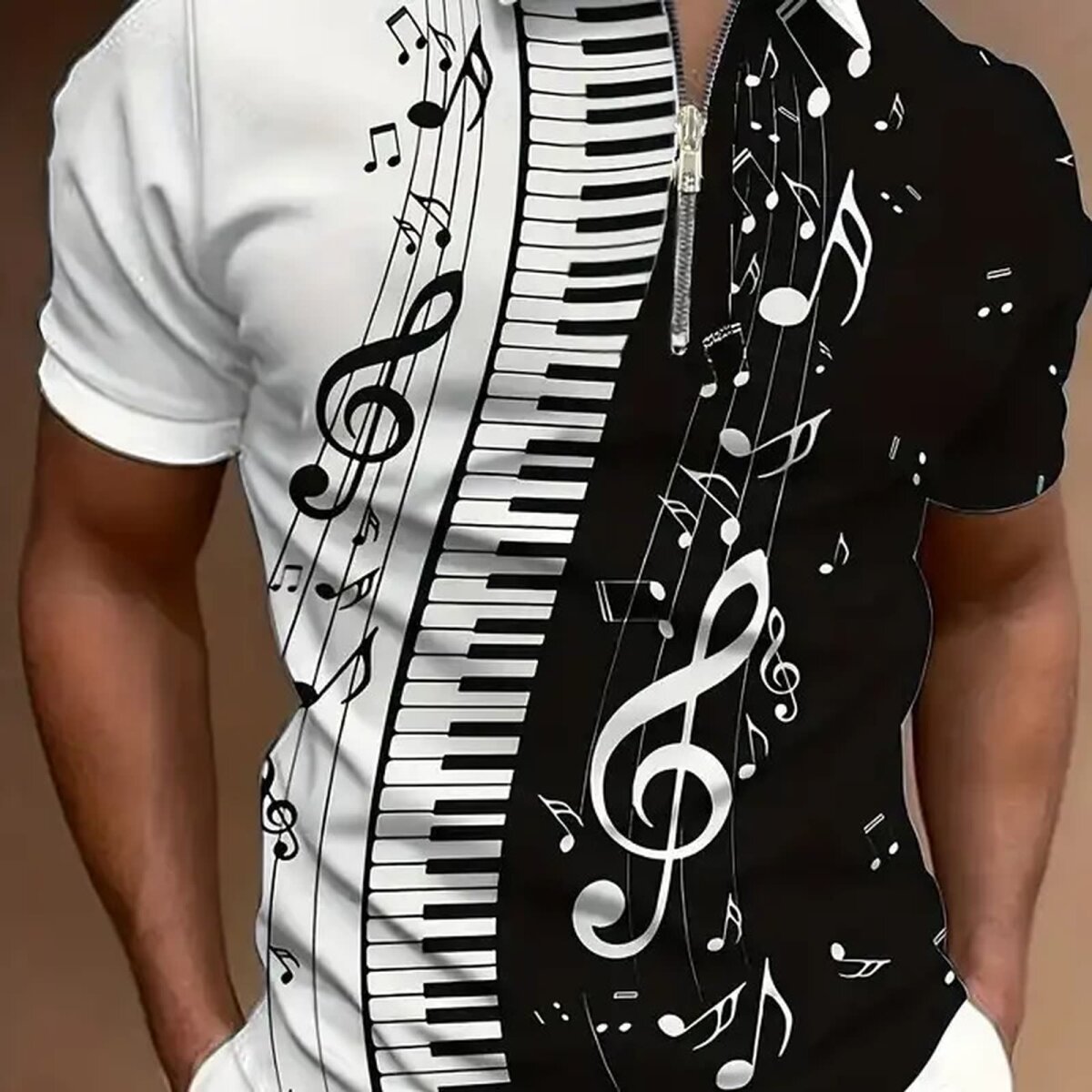 ROCK-HUS Herren Poloshirt mit Zipper Noten & Klaviatur