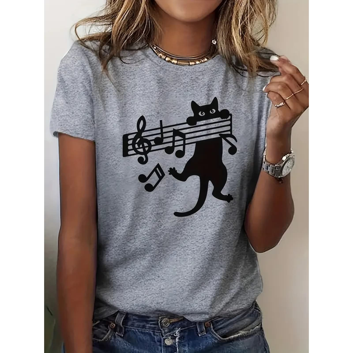 ROCK-HUS Damen T-Shirt Katze hängt an Noten GROSS L